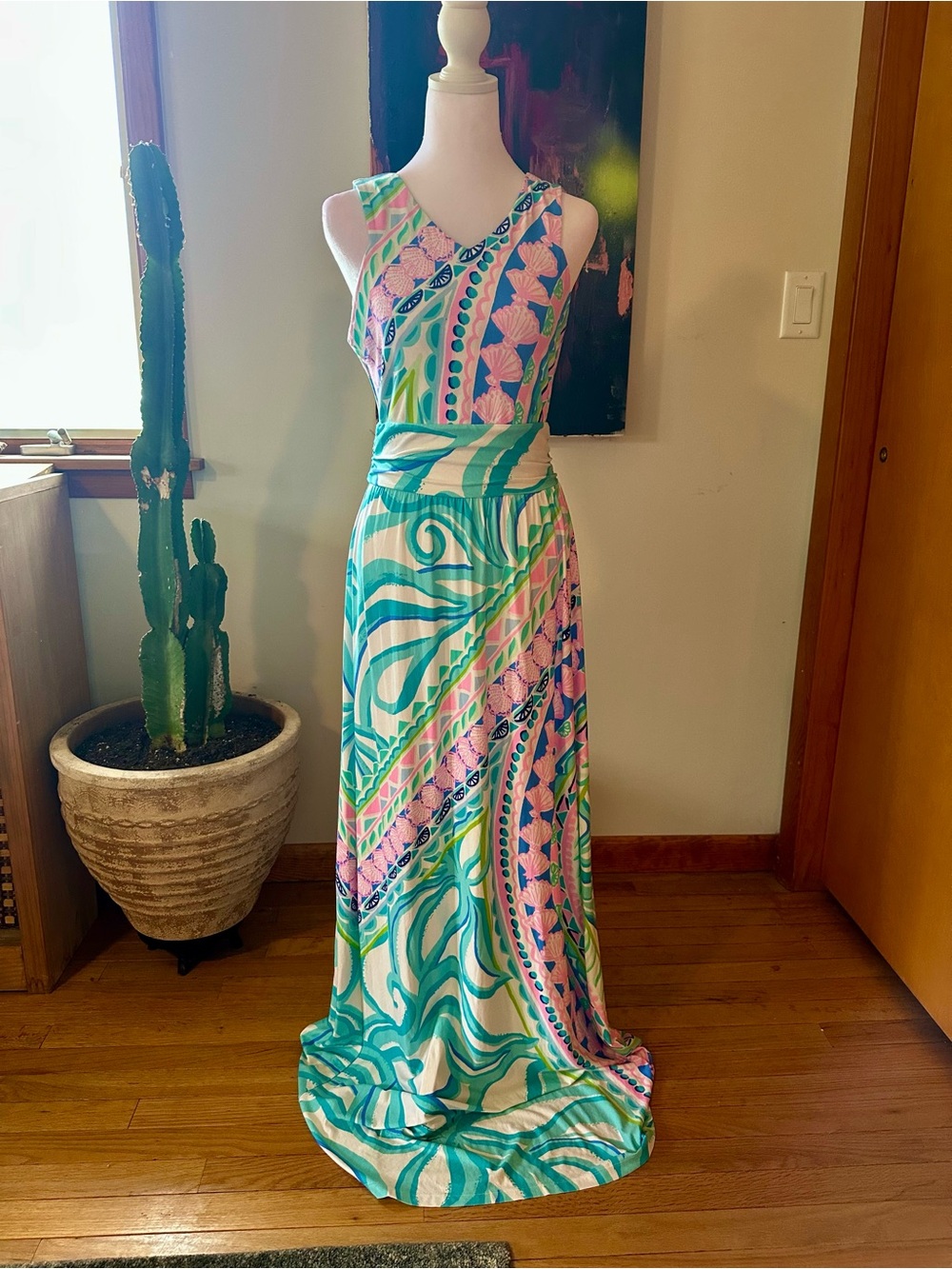 Sleeveless Maxi Dress in Teal & Pink